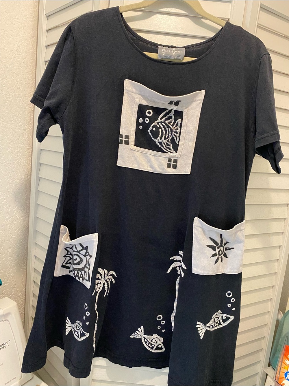 COVER CHARGE Women’s Cotton “Fish Printed Beach Dress” Size Medium Gray/Whte EUC